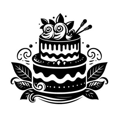 A whimsical, twotiered birthday cake illustration in black and white, adorned with floral and decorative elements, leaves, and sprinkles.