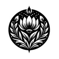 Elegant, symmetrical black and white illustration featuring a central lotus flower surrounded by stylized foliage, a teardrop flame, and subtle starlike dots within a circular frame, evoking balance vector