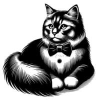 Formal tuxedo cat laying down, composed in black and white, featuring detailed line art with a bowtie, creating a sophisticated and elegant illustration. vector