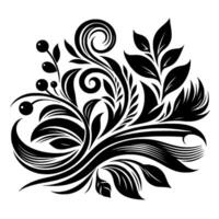 Intricate Black and White Floral Detailed stylized illustration with swirling vines, leaves, and berries, presented against a clean white backdrop. vector