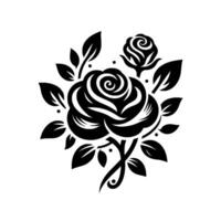 floral illustration Black and white stylized roses with leaves and a bud, arranged symmetrically on a white background, evoking elegant simplicity. vector