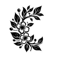 Symmetrical Black and White Floral Motif Two Blossoms, Leaves, Berries Forming a Crescent on White Canvas. vector