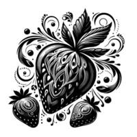 Intricate Black and White Strawberry Illustration with Flourishes, Floral Elements, and Delicate Details. vector