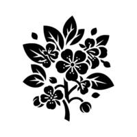Elegant monochromatic illustration of a stylized flowering branch with blossoms and leaves in a minimalist style, black on white. vector