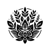 Symmetrical floral with layers of leaves, branches, and a central bloom, enclosed in a circular frame, in black and white. vector
