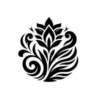 A symmetrical black and white floral , featuring intricate leaf patterns and organic curves, forming a stylized blossom on a white background. vector