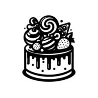 Whimsical Black and White Cake Illustration with Sweets, Lollipops, and Strawberries in a Style, Perfect for Confectionery or Celebration Designs. vector
