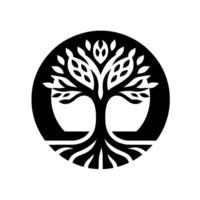 Stylized Black and White Tree of Life Emblem Within a Circular Frame Depicting Roots and Branches, Leaves, and Abstract Forms. vector