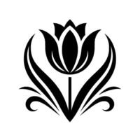 Bold Black and White Floral Emblem A symmetrical tulip with stylized petals, leaves, and flourishes on a pristine white backdrop. vector