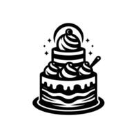 A monochrome threetiered cake with striped layers, whipped cream frosting, a crescent moon, and sparkles ready for a celebration. vector