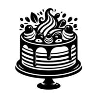 Monochromatic Black and White Illustration of a Fancy Layered Cake with Decorative Frosting, Dripping Chocolate, and Toppings on a Pedestal. vector