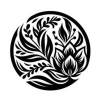 Intricate floral emblem in a circular , featuring stylized leaves, a layered lotuslike bloom, and berries, rendered in bold black and white, against a clean background. vector