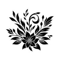 Elegant Black and White Floral Illustration, featuring a centered flower with surrounding leaves and curls, on a clean white background. vector
