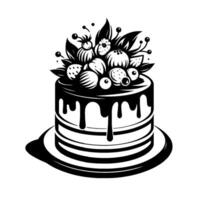 Elegant black and white cake illustration featuring a round, layered with dripped chocolate icing and an assortment of fruit and foliage topping. vector