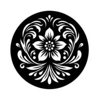 Symmetrical Black and White Floral Mandala A Stylized Flower with Ornate Leafy Elements Enclosed in a Circular Frame. vector
