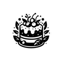 A stylized black and white illustration of a layered cake with a drip of frosting, topped with cherries and leaves, sitting on a plate with floral elements. vector