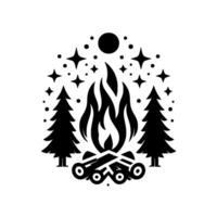 Stylized Black and White Campfire with Trees, Stars, and Moon, Circular Composition on a White Background. vector