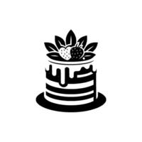 Minimalist black and white illustration of a layered cake adorned with strawberries and leaves, set against a pure white backdrop, showing a modern dessert aesthetic. vector