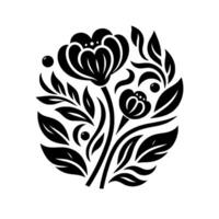 Elegant Black Floral A stylized botanical composition within an oval, showcasing detailed petals, leaves and berries on a stark white backdrop. vector