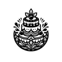 Elegant black and white threetiered cake with ornate scrollwork, berrytopped, in a circular frame, on a white background. vector