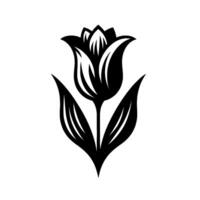 Stylized Black and White Tulip Illustration of a Single Flower with Elegant Leaf Detail and Clean, Minimalist . vector