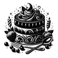 Ornate Black and White Birthday Cake with Swirls, Fruits, Candles, Silverware, and Starry Sparkles. vector