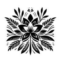 Intricate black and white floral , symmetric composition featuring a central lotuslike bloom with surrounding stylized leaves and foliage on white background. vector