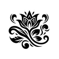 Symmetrical Black Floral Pattern Bold Silhouette of a Stylized Flower with Intricate Leaves and Swirls on White Background. vector