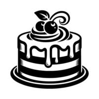 Monochromatic Layered Cake with Drizzled Icing, Cherry Topping, Leaf, and Whipped Cream on White Background. vector