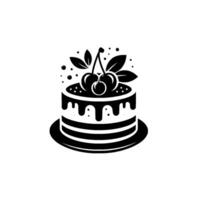 Elegant Minimalist Black and White Cake Illustration with Cherries, Leaves, and Dripping Glaze, on a white background. vector
