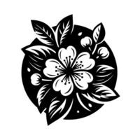 Elegant Black and White Sakura Flower with Leaves and Bud, Set Against a Dark Circular Background, in a Minimalist Style. vector