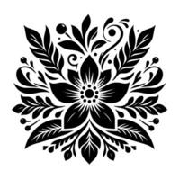 Symmetrical black and white floral with leaves, berries and decorative swirls, creating an elegant pattern on a white backdrop. vector