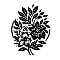 Stylized Floral Composition in Black and White, Featuring Intricate Flowers, Leaves, and Organic Forms Within a Circular Frame. vector