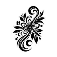 Intricate black and white floral with flowing curves, leaves, and berries, isolated on a white background. vector