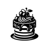 Elegant, Minimalist Black White Cake Illustration with Cherry Topping, Featuring Dripping Chocolate and Stripped Base , Isolated on White. vector