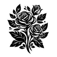 Black and white minimalist illustration of a rose bouquet featuring three roses, lush leaves, and a clean, white background. vector