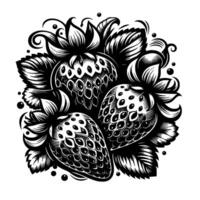 Intricate Black and White Illustration of Three Stylized Strawberries with Floral Elements and Decorative Details. vector