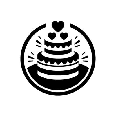 Elegant Black and White Cake with Hearts, Festive in a Circular Frame, Celebrating Love and Joy.