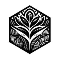 Elegant Black and White Floral Pattern in a Hexagonal Frame, Showcasing Geometric Symmetry and Detailed Line Art vector