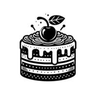 Bold Black and White Illustration of a Tiered Cake with Cherry Topping, Dotted Icing, and a Leaf. vector