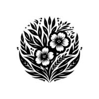 Circular floral emblem in monochrome, featuring two stylized flowers, various leaves, and decorative elements in a . vector