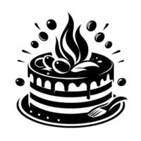 Monochrome, Stylized Illustration of a Layered Cake with Decorative Drips, Topped with Olives and Leaves, on a Plate with a Fork. vector