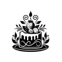Elegant Black and White Illustration of a Cake Decorated with Strawberries, Leaves, and Ornate Swirls, Set on a Plate. vector