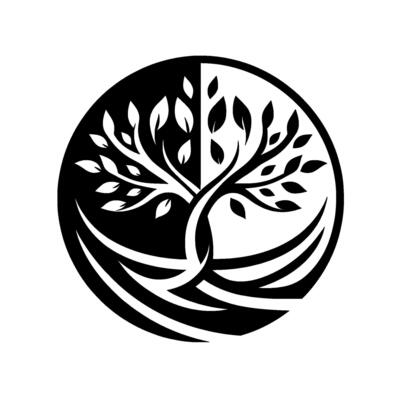 YinYang Tree of Life A BW emblem symbolizing harmony, balance, and duality within a circular , with leaves and intertwining roots.