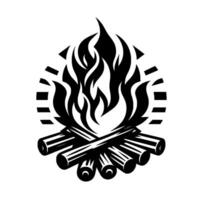 A stylized, minimalist black and white bonfire illustration featuring flames rising above crossed logs and a segmented circular backdrop. vector