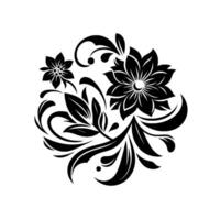 An elegant black and white floral in a circular arrangement, featuring stylized blooms, leaves, and ornamental flourishes, on a clean white background. vector