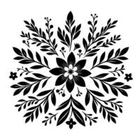 Symmetrical black white botanical floral with intricate leaves, berries, and flowers arranged in a circular pattern against a clean white background. vector