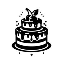 Black and White Illustration of a TwoTiered Cake with Cherry Topping, Drizzled Chocolate, and Isolated on White. vector