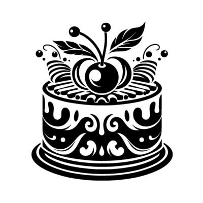 An ornate, black and white, illustration of a tiered cake decorated with cherries, leaves, and swirls.