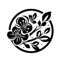 Elegant Black and White Floral Inside a Circular Frame with Intricate Details and Stylized Leaves. vector